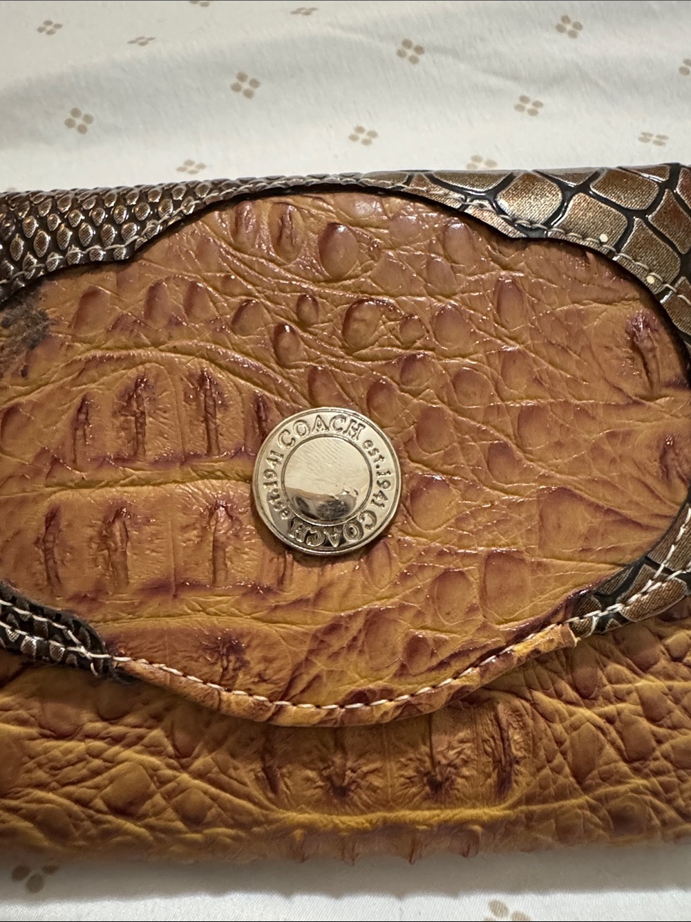 Coach Tan Croc-Embossed Leather Clutch with Silver-Tone Logo